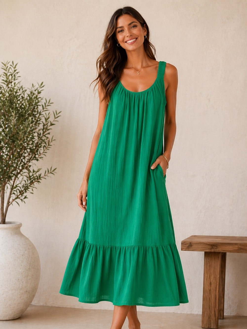 Kelly Green Cotton Gauze Sleeveless Midi Dress Pockets Size L NWT Mikarose